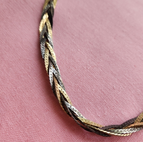 Vintage Braided Mixed Metal Tone Herringbone Necklace - Picture 2 of 7